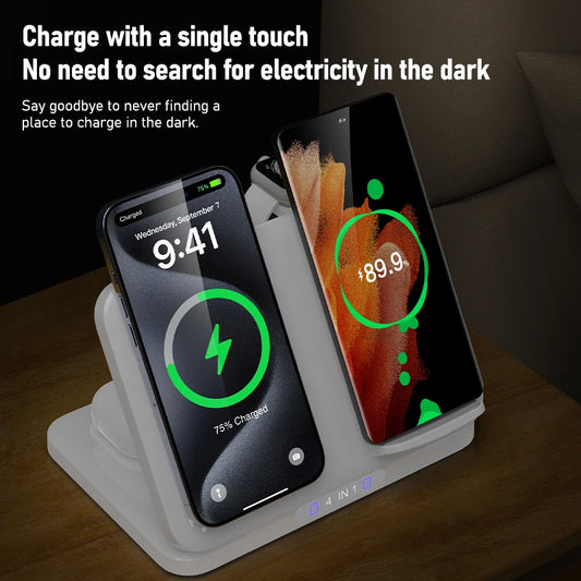 4 in 1 Dual Phone Wireless Charger Stand Magnetic Fast Charging For iPhone 17~12 Samsung S25 Xiaomi Airpods Pro Apple Watch 11~2