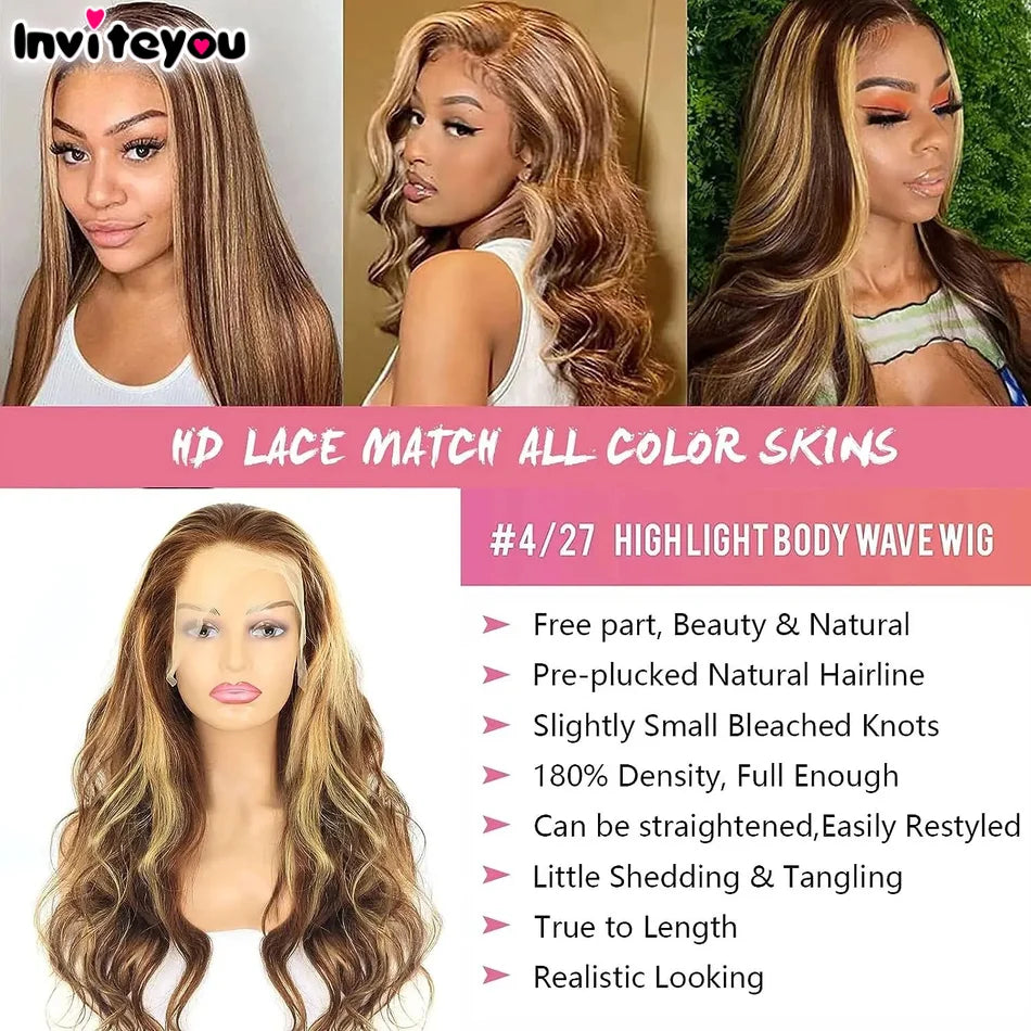 13x4 13x6 Hd Highlight Body Wave Lace Front Wig For Women Remy P4/27 Ombre Human Hair Lace Frontal Human Hair No Glue 4x4 Wigs