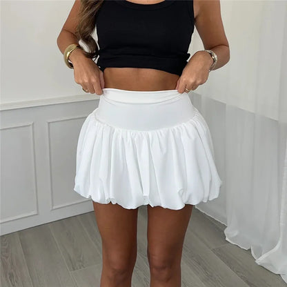 hirigin Women Pleated Bubble Mini Skirt Y2k Ruffle Hem Elastic Waist Puffy Short Skirt Tee Girls Cute Aline Balloon Skirt