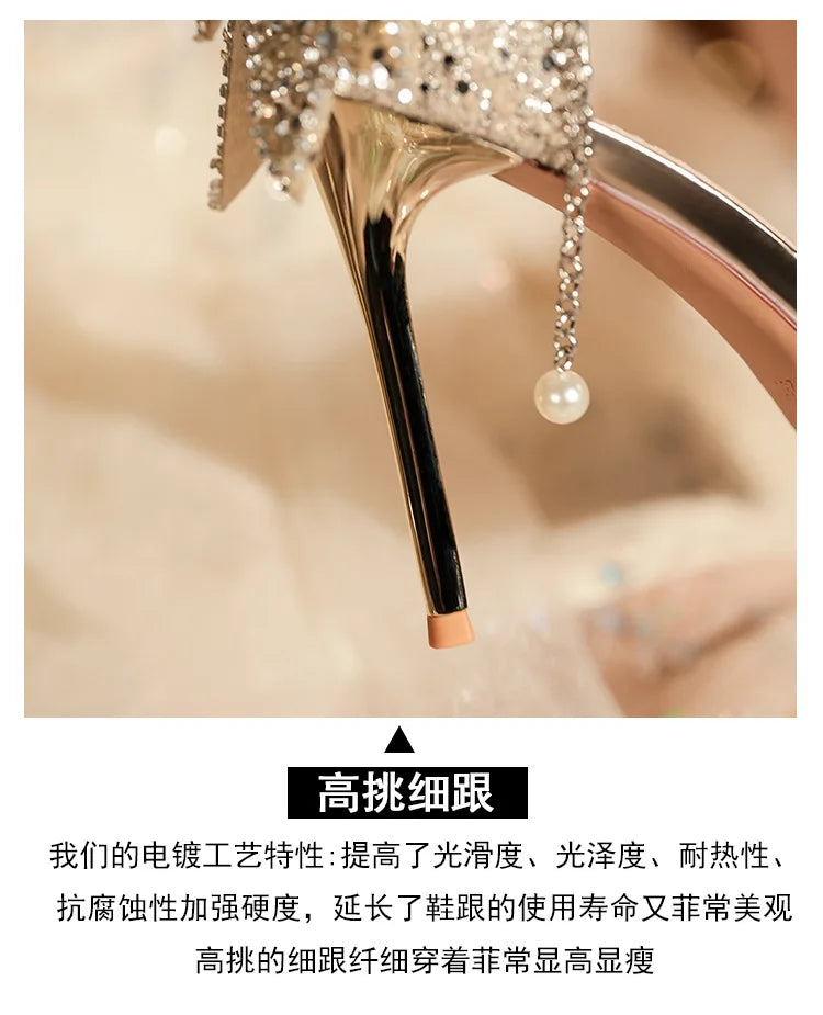 Shiny Glitter Bow Pearl Chain High Heels Wedding Banquet Dress Wedding Shoes Women's Shoes