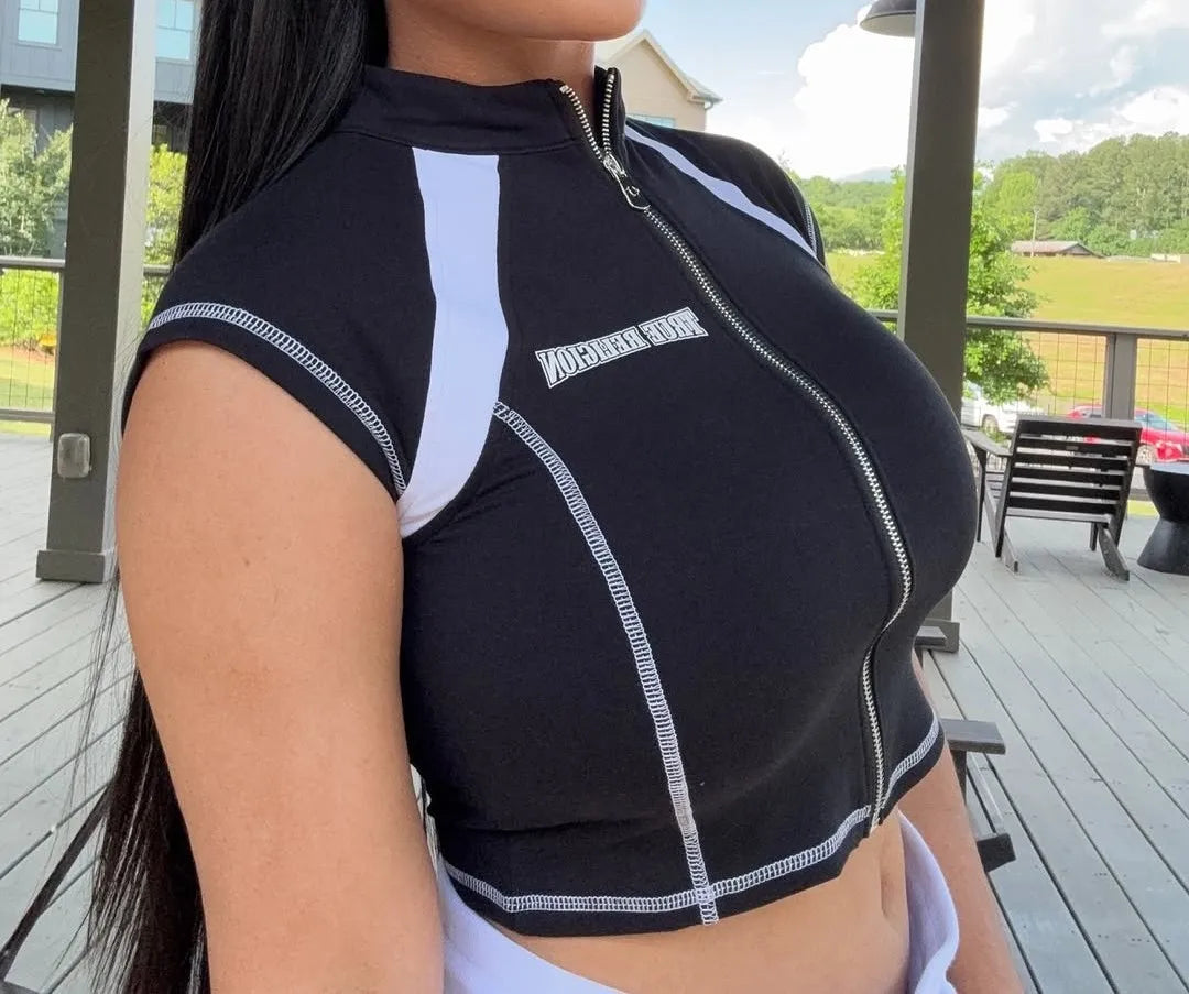 2025 Summer European and American Street Spice Girl Style Zipper Cardigan Slim Casual Sports Short-sleeved T-shirt Top Set