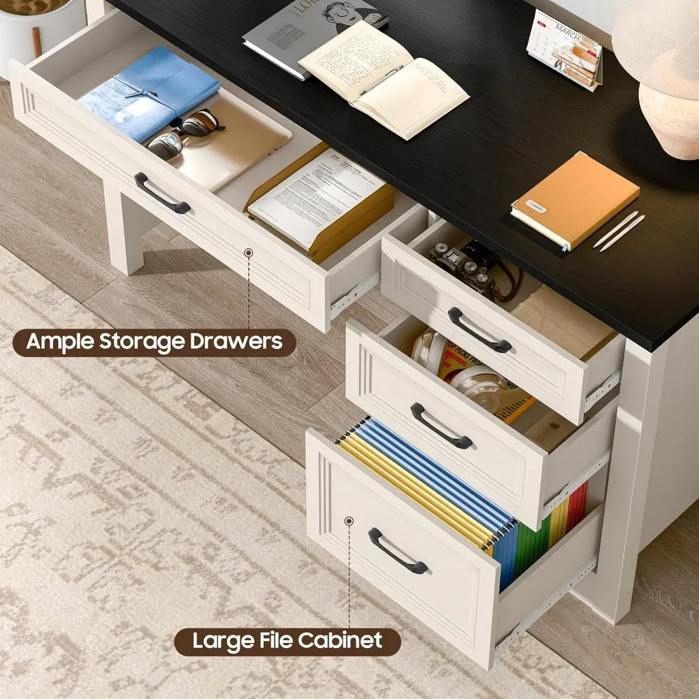 Rustic Executive Home Office Desk with Storage and Spacious File Drawer, Large Writing Desk for Bedroom in Black