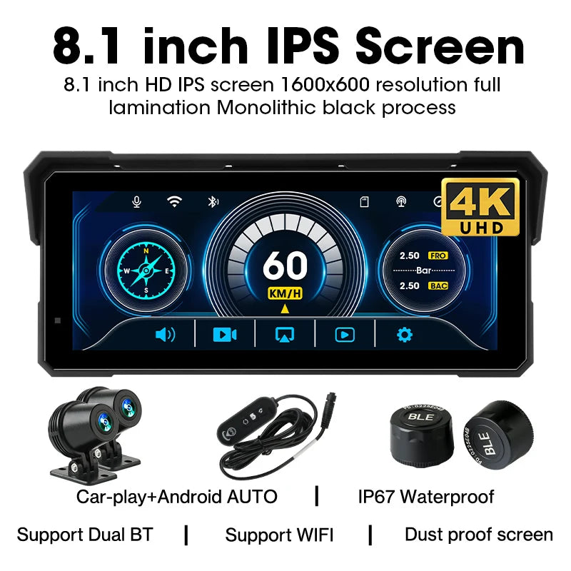 Jansite Portable 7/8.1 inch IP67 Waterproof Motorcycle 4K DVR GPS Navigation Wireless Carplay Android Auto Moto Recorder Monitor