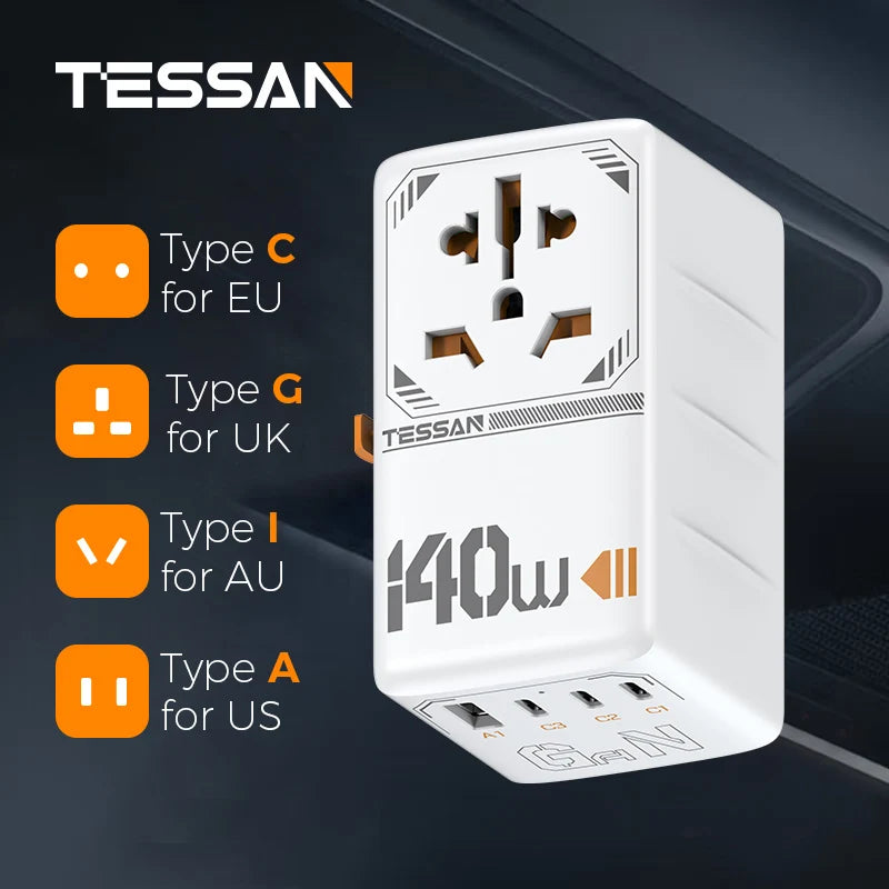 TESSAN 100W GaN Universal Travel Adapter with USB &Type C Fast Charging International Plug Adapter EU/UK/USA/AUS Plug for Travel