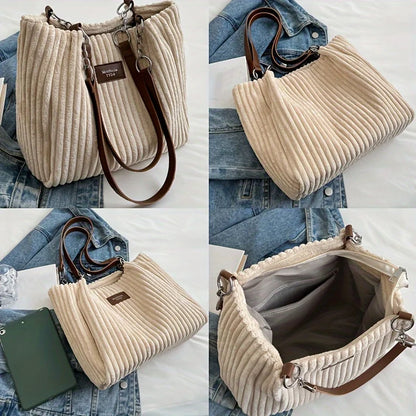 Large Capacity Corduroy Tote Bag Chain Handbag Shoulder Bag for Women, Polyester Lining, Zip Closure, Black, Beige, Khaki, Green