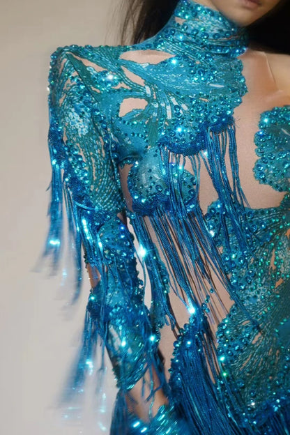 Sexy Skinny Leotard Singer Dancer Show StageWear Sparkly Blue Rhinestones Women DanceCostume Fringes One Shoulder Bodysuit  7G