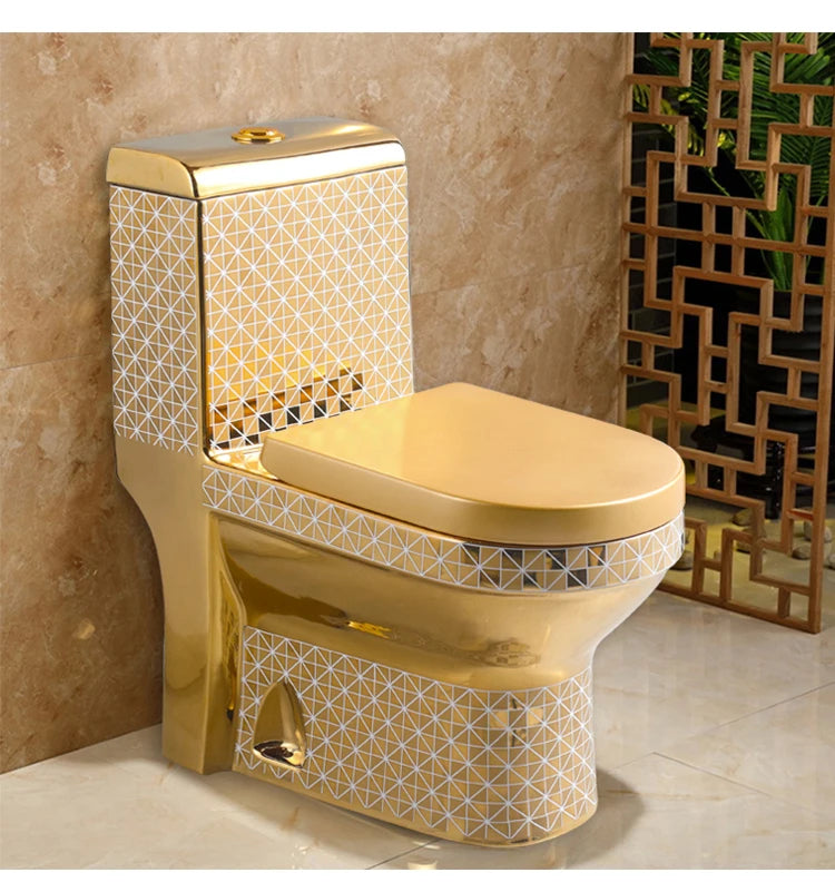 E136  Golden Toilet,Modern One-Piece Ceramic Toilet Bowl With S-Trap Drainage Dual-Flush Floor Mounted White Gold Color