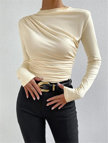 Fashion Solid Color Slim Fit T Shirt Women Trendy All-match Folds Long Sleeve T Shirts Ladies Tops Streetwear 2024 Spring New