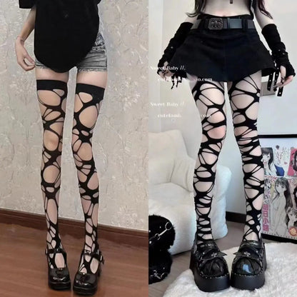 Long Tube Trend Irregular Goth Punk Le Meat Babes Subculture Black Ripped Stockings Leggings Mesh Socks