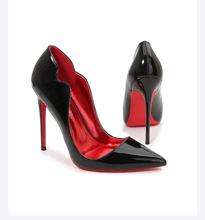 Black Curl Upper Women Patent PU Pointed Toe Stiletto 12cm High Heels Sexy Ladies Party Dress Shoes Club Dance Women Pumps