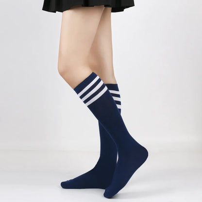 Middle Tube Sock Women Striped Knee High Ladies Japanese Harajuku College Style Cotton Summer Calf Sock Black White Female Gift