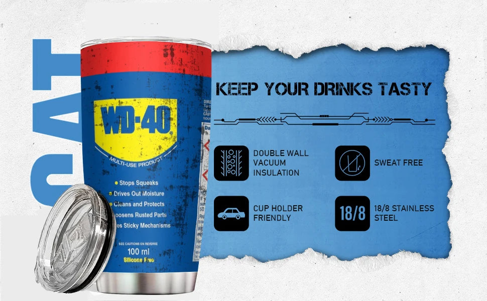 20Oz WD40 Stainless Steel Vacuum Tumbler Double Wall Insulated STP Engine Oil Filter Print with Straw and Lid Cold Hot drink cup