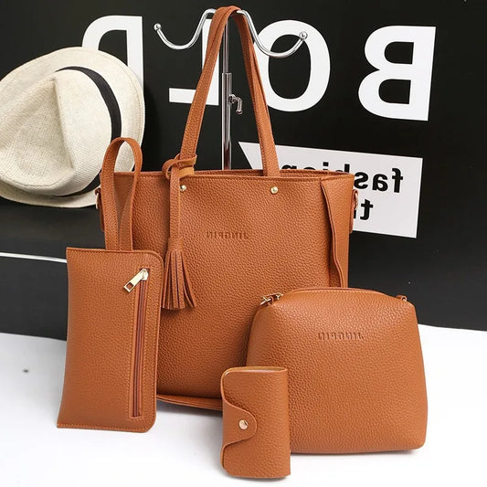 Korean Style Trendy Women's Bag Set, Litchi Pattern, Four-Piece Nested Large Handheld Bucket Bag