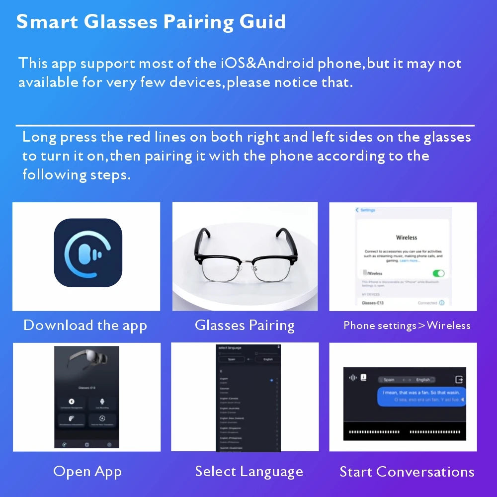 SENBONO Fashion Smart Glasses AI Translation 144+ Languages Real-time Translator BT Call Play Music Camera Control for Men Women