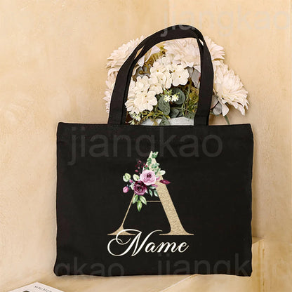 Personalized Initial with Name Tote Bag Women Canvas Shoulder Bags Monogram Shopping Bag Handbags Birthday Wedding Gifts for Her