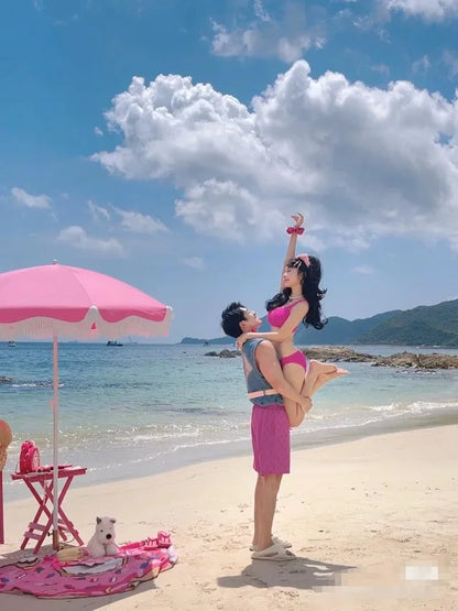 Pink beach parasol, white outdoor props, sun umbrella, garden big beach umbrella promotional advertising umbrella