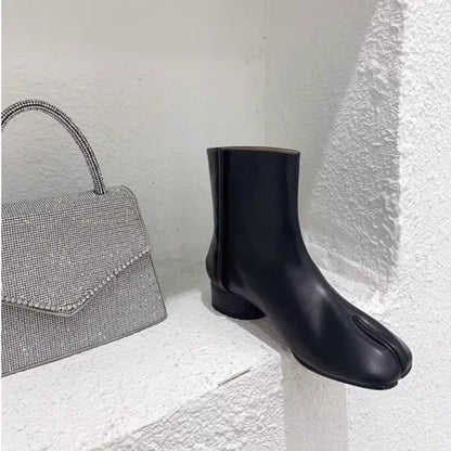 Luxury Brand Designer Tabi Split-toe Ankle Boots Women Genuine Leather Chunky Round Heel Short Boots 2024 Autumn Winter Shoes