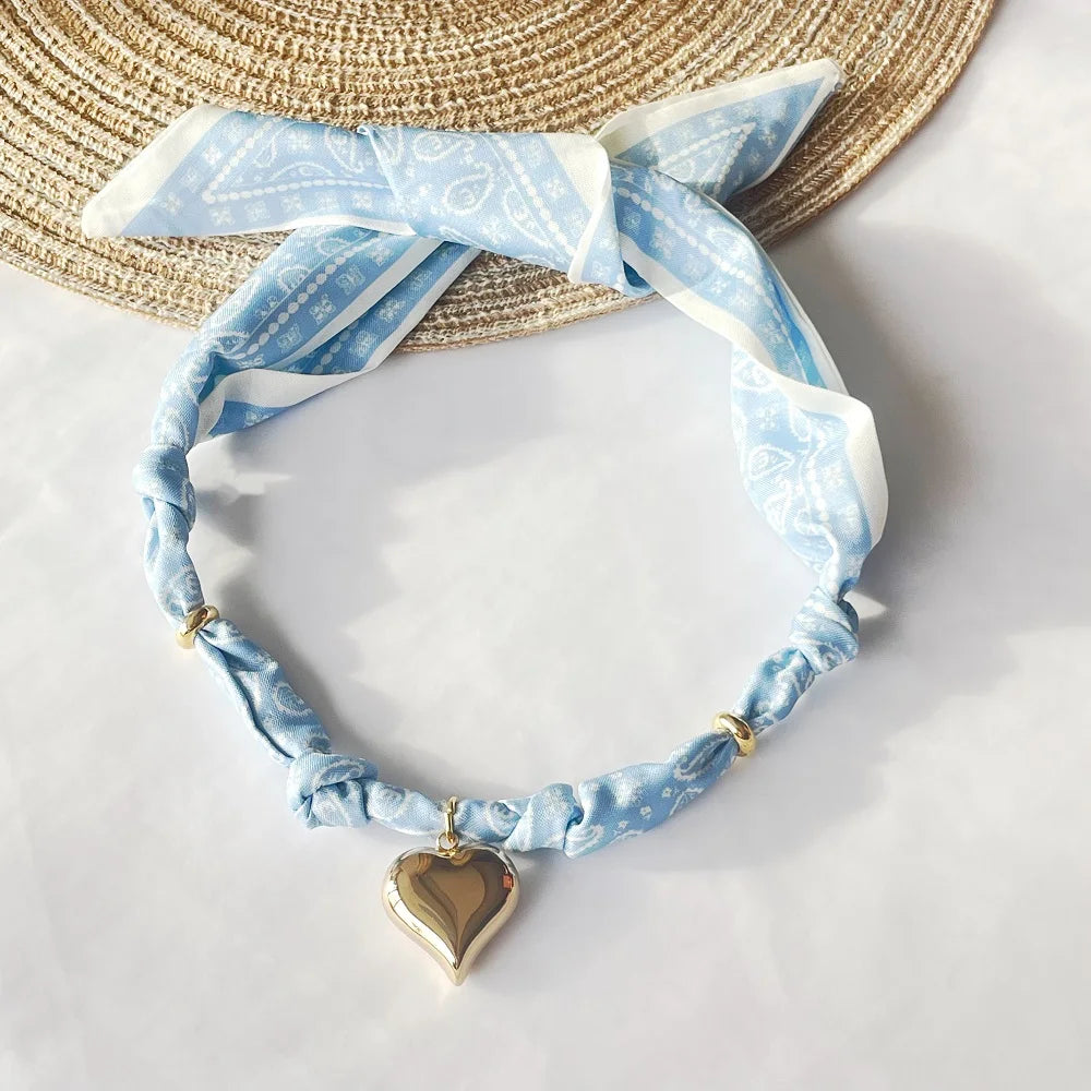Women’s Fashion Scarf Necklace with Large Stainless Steel Heart Pendant Stackable Bandana Jewelry
