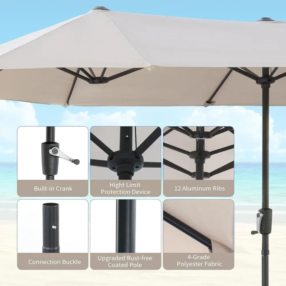 # l 13 foot large terrace umbrella, outdoor double-sided rectangular market umbrella with 12 ribs for UV protection, with a cran