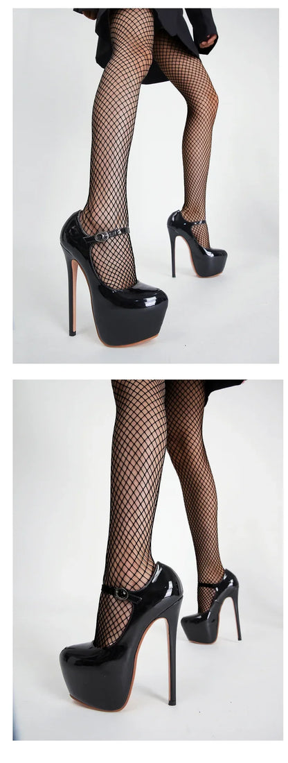 Women Super High Heel 17CM Pumps Spring Autumn Platform Patent Leather Red Black Round Toe Buckle Strap Sexy Zapato De Tacón
