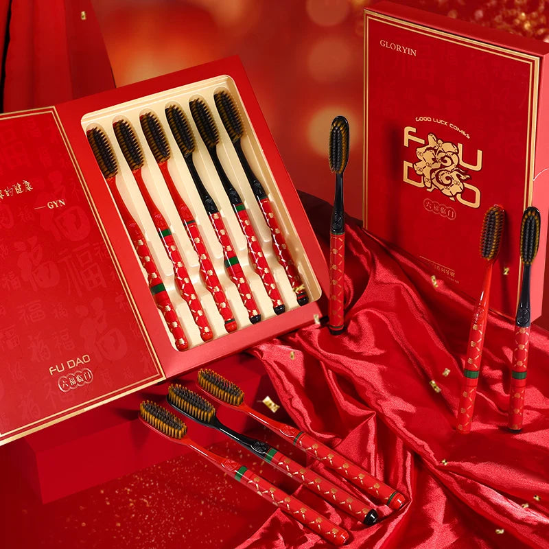 GYN [6-Pcs Gift Box] New Year's Blessing Gift Box Extended Brush Head Efficient Cleaning Lucky and Joyful Soft Hair Toothbrush