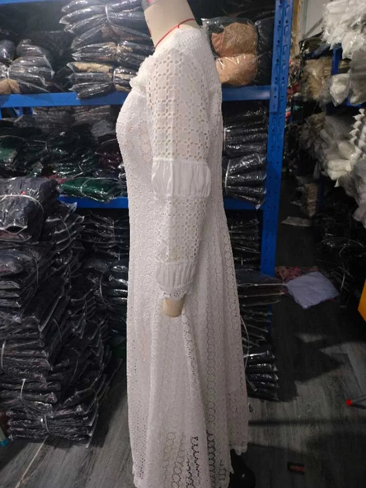 Womens White Lace Spring Dress Round Neck Vintage Beautiful Dresses Hollow Out Female Straight Gorgeous Dress Chic