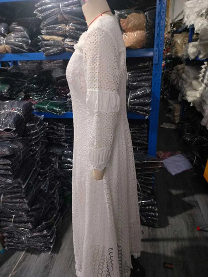 Womens White Lace Spring Dress Round Neck Vintage Beautiful Dresses Hollow Out Female Straight Gorgeous Dress Chic