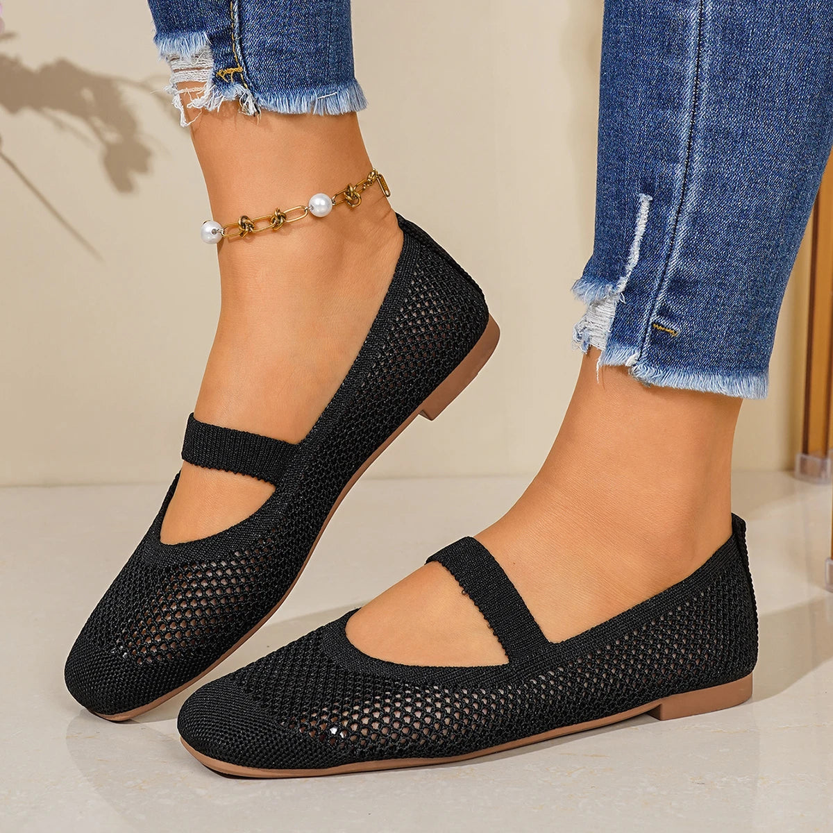 Women Flats Shoes Slip on Foldable Loafers for Women Square Toe Single Shoes Hollow Out Fashion Mom Casual Shoes for Ladies