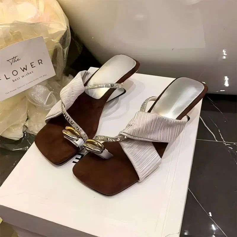 Luxury Rhinestone Square Toe Sandals  Toe Loop Women Elegant Pleated Slides Metal Decor Beach Wedding Party Dress Mules Shoes