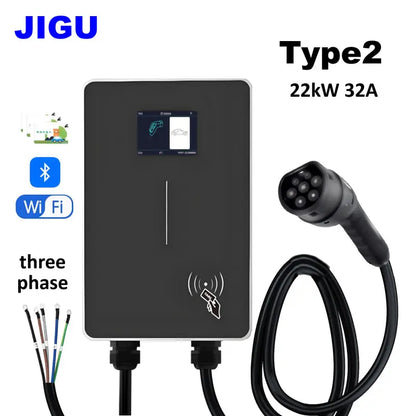 JIGU 1-phase 7kw 32A Type 2 Electric Vehicle Charging Station 3-phase 11KW 22KW EV Charger WIFI Bluetooth Wallbox Car Charger