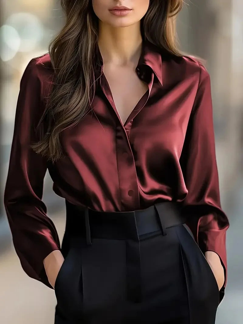 2025 Spring and Autumn Women's Lapel Shirt Brown Button Cardigan Top Black Elegant Fashion Office Basic Blouses for Female