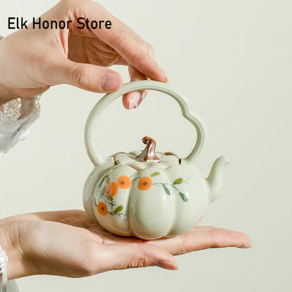 140ml Pure Hand-painted Persimmon Lifting Beampot Retro Plant Ash Pumpkin Pot Chinese Tea Soaking Kettle with Filter Kung Fu Tea