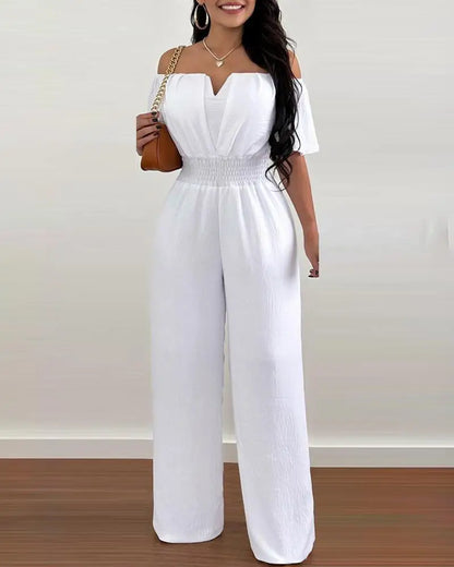 Summer New Women Sexy One Line Shoulder Solid Color Short Sleeve Jumpsuit Slim Elastic Waist Loose Straight Female Long Jumpsuit