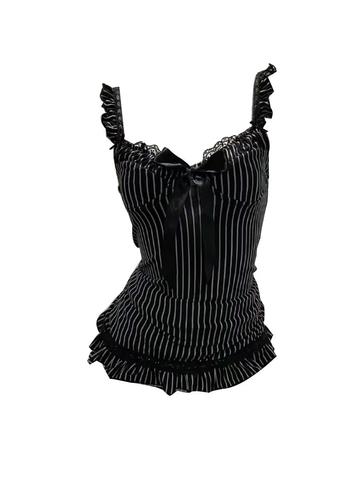 Y2k Summer New Solid Sling Tops Kawaii Lace Bow Inside A Sling Vest 90s Aesthetics Crop Top Women Pink Tank Top Fashion Punk Top