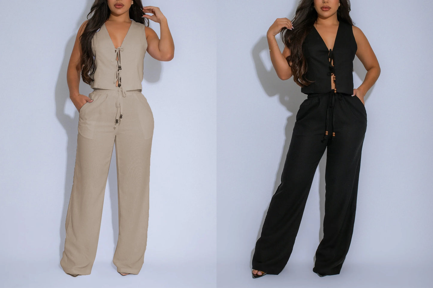 Women's 2 Piece Outfits Tie Front Vest Wide Leg Pants Set Casual Loungewear for Curvy Black Women