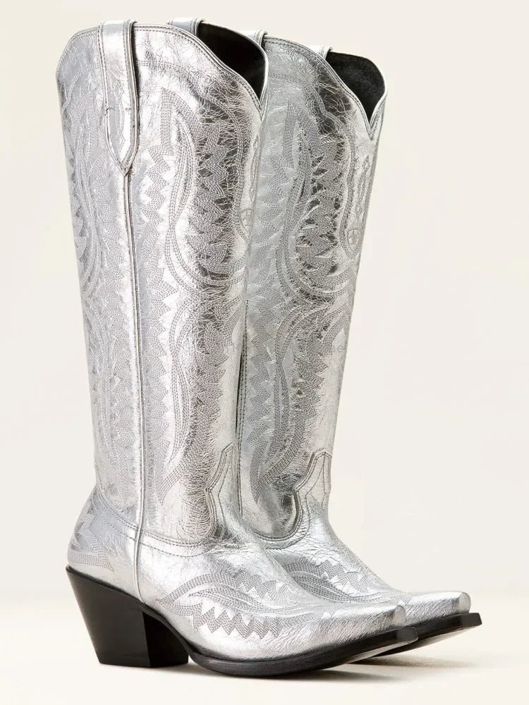 Women Western Cowboy Style Boots Pointed Thick High Heels Knee Length Embroidered Boot Autumn Block Heel Retro Casual Shoes