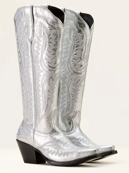 Women Western Cowboy Style Boots Pointed Thick High Heels Knee Length Embroidered Boot Autumn Block Heel Retro Casual Shoes