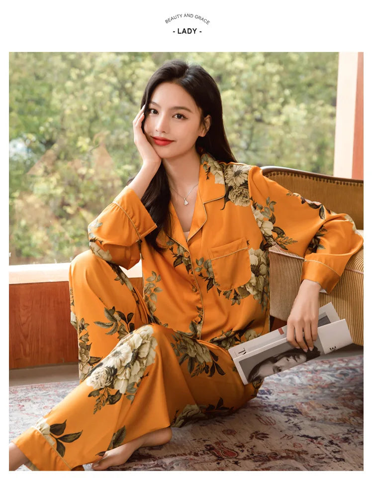 2026 New Ice Silk Thin Casual Women Pajamas Long Sleeve Set Women's Homewear