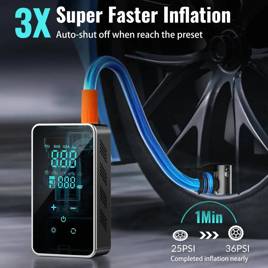 Inflator Portable Air Compressor150PSI Air Pump for Car, Bike Pump Touch Screen Gauge Light, Tire Pump 3X Faster Inflation with