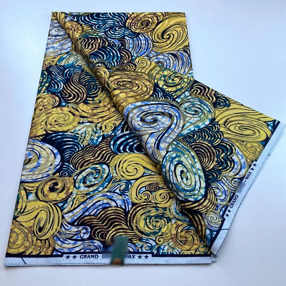 New African Wax Print Fabric Ankara Kitenge Pagne Loincloth Batik Wholesale Golden Glitter Grand 100Cotton Material For Sew 6yar