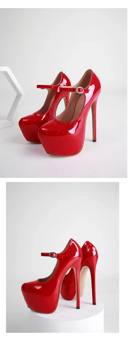 Women Super High Heel 17CM Pumps Spring Autumn Platform Patent Leather Red Black Round Toe Buckle Strap Sexy Zapato De Tacón
