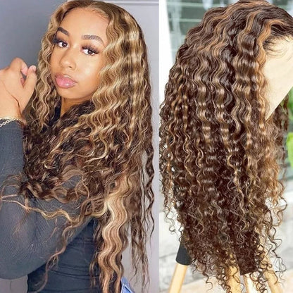 Highlight Curly Wig 13x4 Lace Front Wig Human Hair Wigs 13x4 Human Hair Deep Wave Lace Frontal Wig 4/27 Colored Wigs PrePlucked