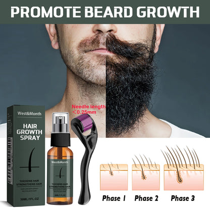 Men's Beard Growth Spray Kit with Micro Roller Moisturizing Thicken Facial Hair Beard Growth Essence Nourishing Spray Beard Care