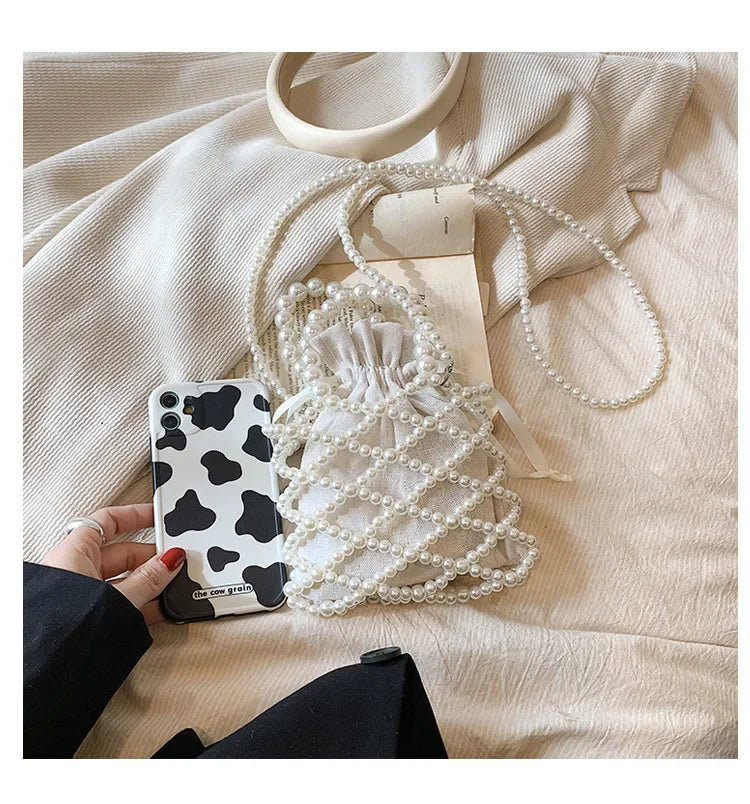 Women Pearl Bag Small Mini Tote Bucket Bag Woven Crossbody Hand Bags for Women Coin Purse Wallet Handbag Ladies Shoulder Bags