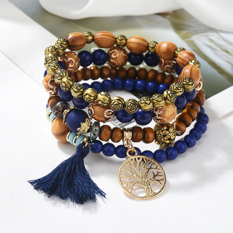 4Pcs Bohemia Tree Of Life Charm Beaded Bracelet Set For Women Handmade Wood Beads Chain Bangle Female Boho Jewelry