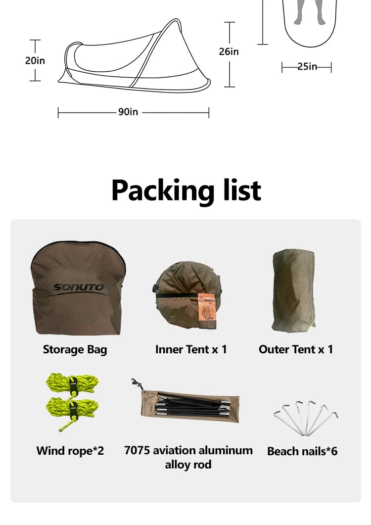 Lightweight Camping Camp bed Tent 1-2 Person Waterproof Sunproof Quick Setup 210D Oxford Backpacking Tent for Hiking Outdoor