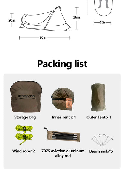 Lightweight Camping Camp bed Tent 1-2 Person Waterproof Sunproof Quick Setup 210D Oxford Backpacking Tent for Hiking Outdoor