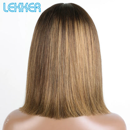 100% Human Hair Wigs Highlight Brown Long Pixie Straight Bob Middle Part lace Front For Women Brazilian Remy hair Glueless Wigs