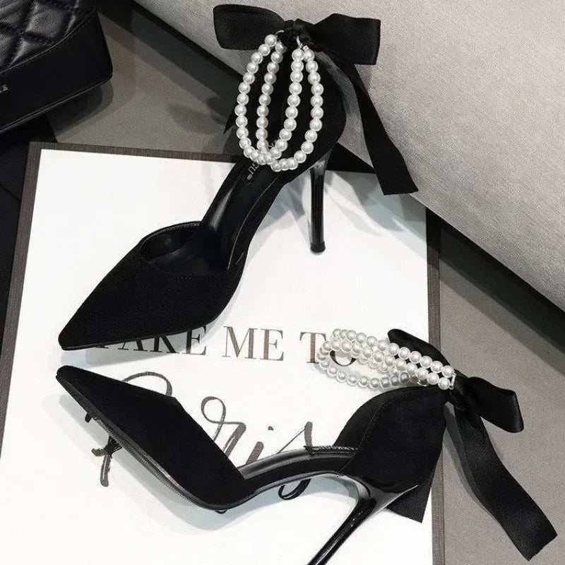 Shoes for Women 2023 Brand Spring Women's Pumps Pointed Toe Solid Flock Beads Bow Tie Buckle Shallow Mouth Novelty High Heels