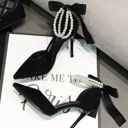 Shoes for Women 2023 Brand Spring Women's Pumps Pointed Toe Solid Flock Beads Bow Tie Buckle Shallow Mouth Novelty High Heels